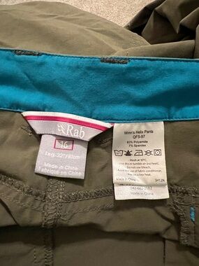 Rab Women's Helix Trousers in Olive with Teal Waistband - Size 16
